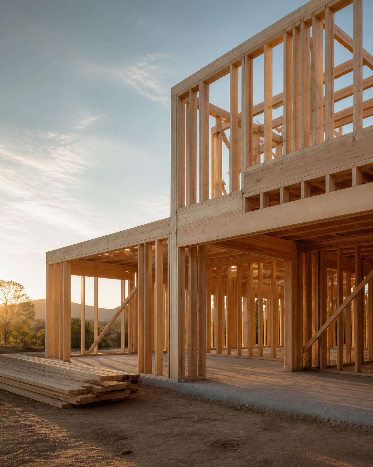 Custom home framing at golden hour