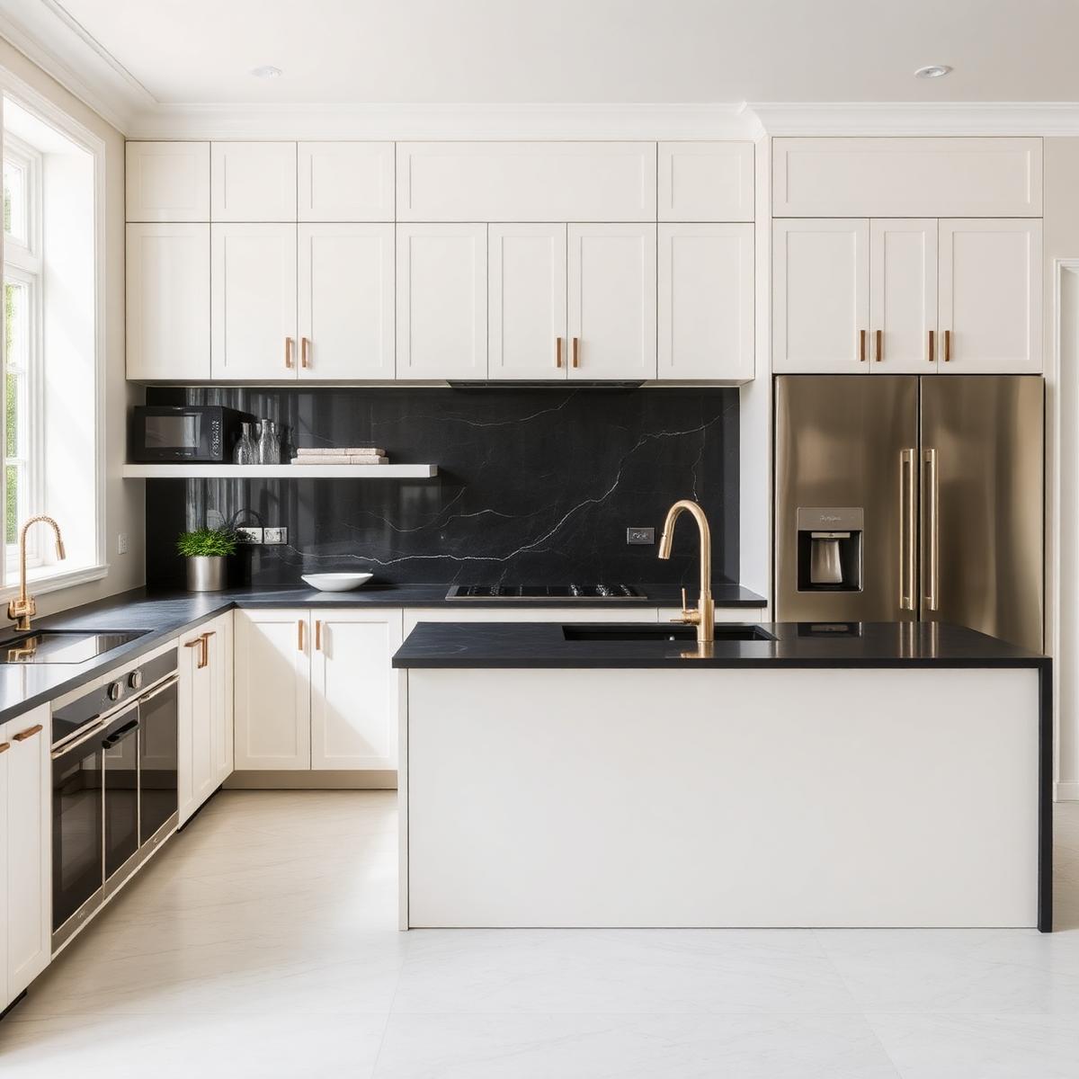 Custom kitchen remodel with ivory cabinetry and dark island