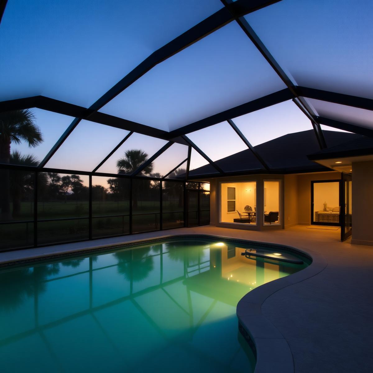 Screened pool enclosure at dusk