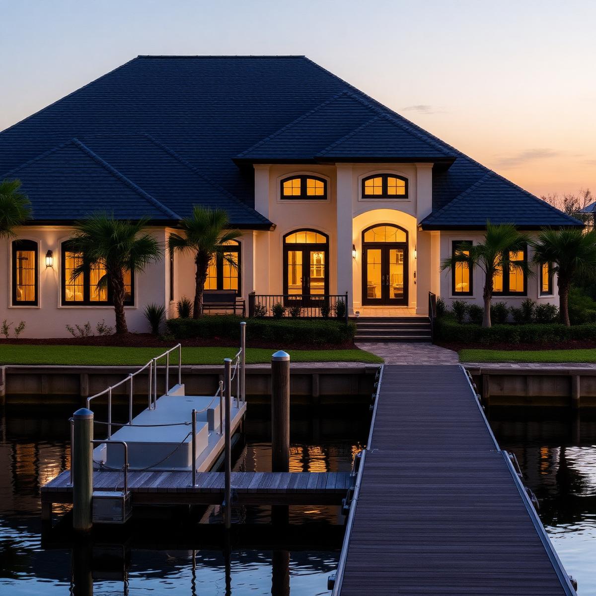 Waterfront custom home exterior at dusk